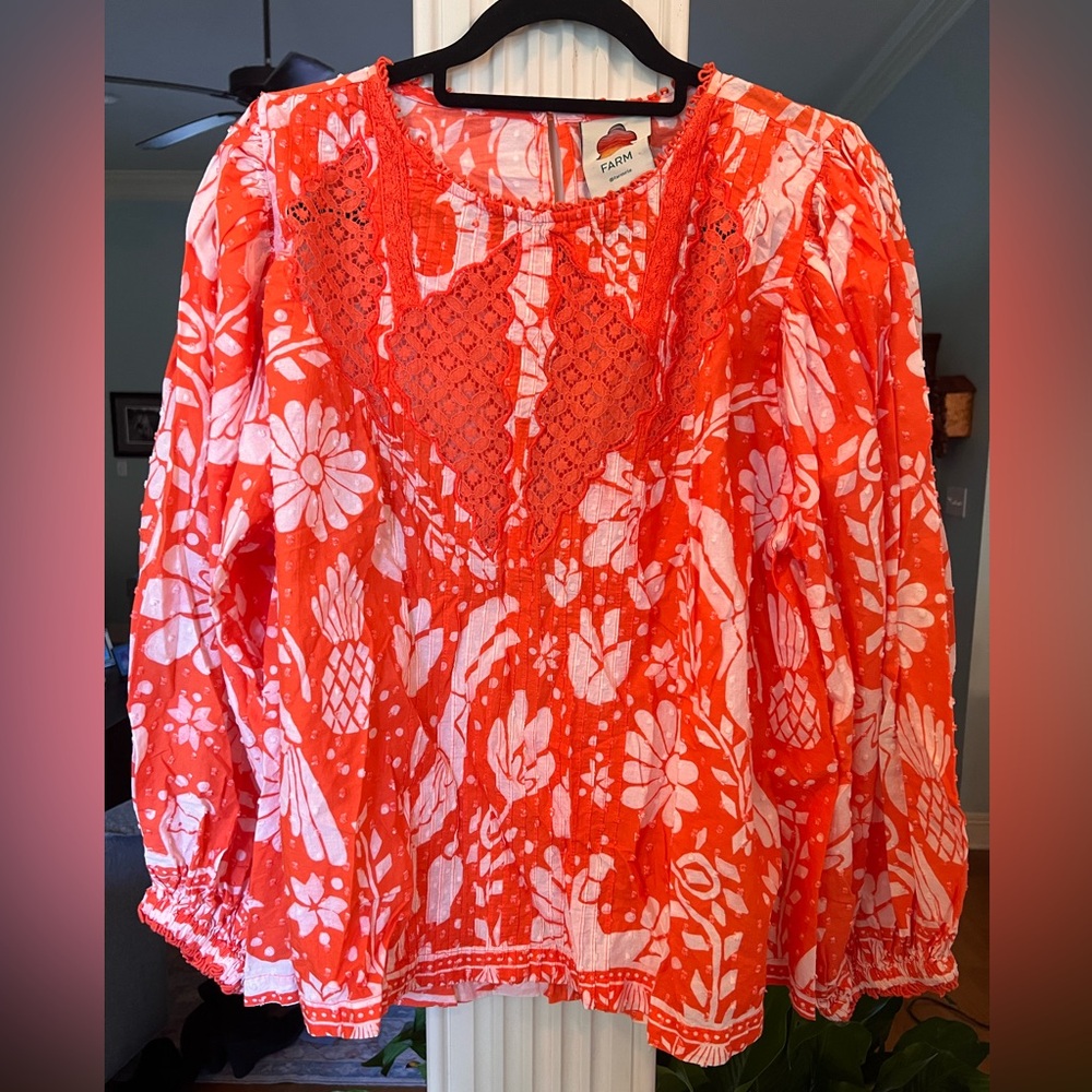 FARM Rio Orange Toucan Floral Pullover Embroidered Blouse – Size Large